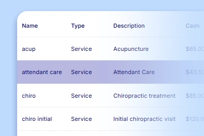 CaseRM accounting module showing list of billable services and products with prices