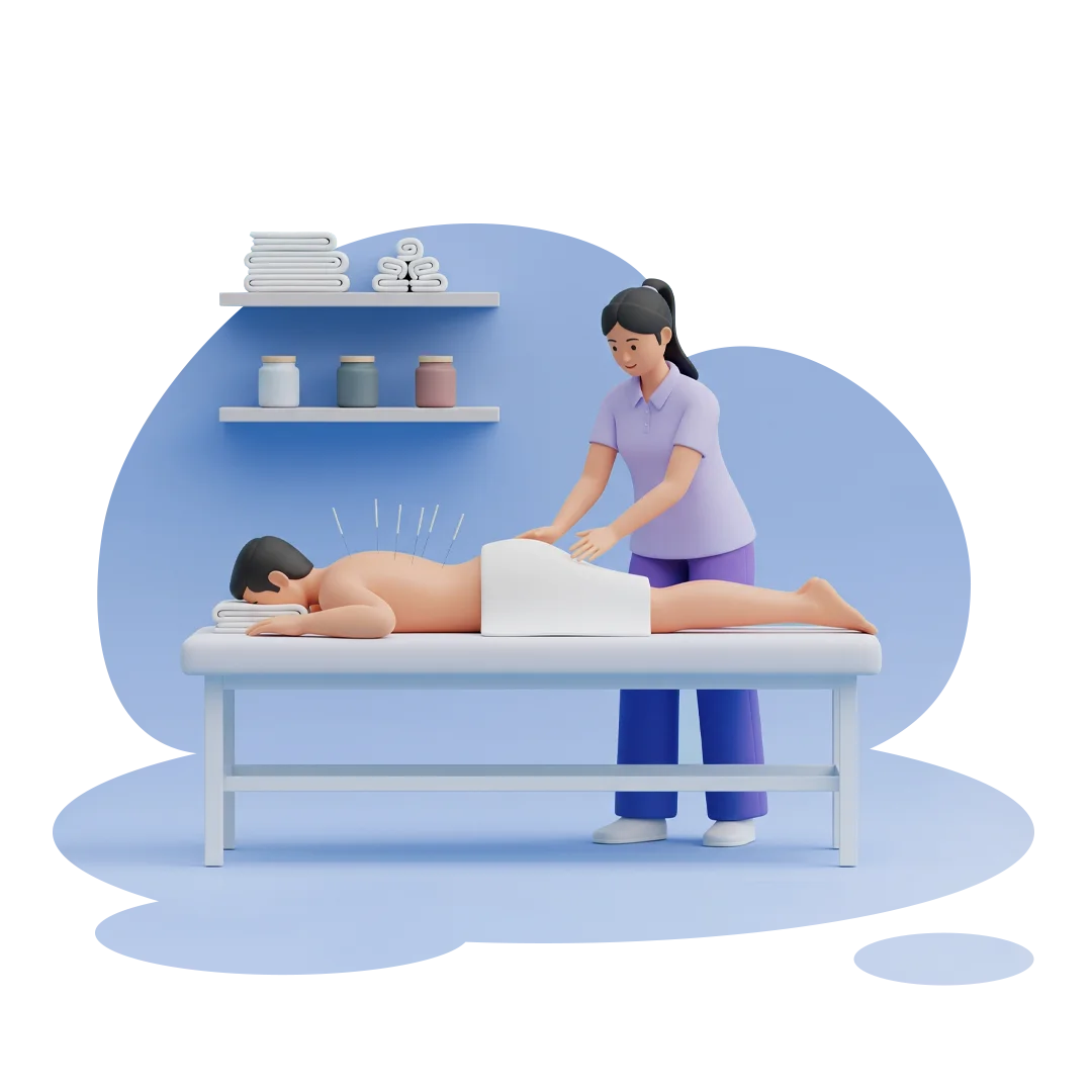 Illustration of acupuncturist treating a patient in clinic setting