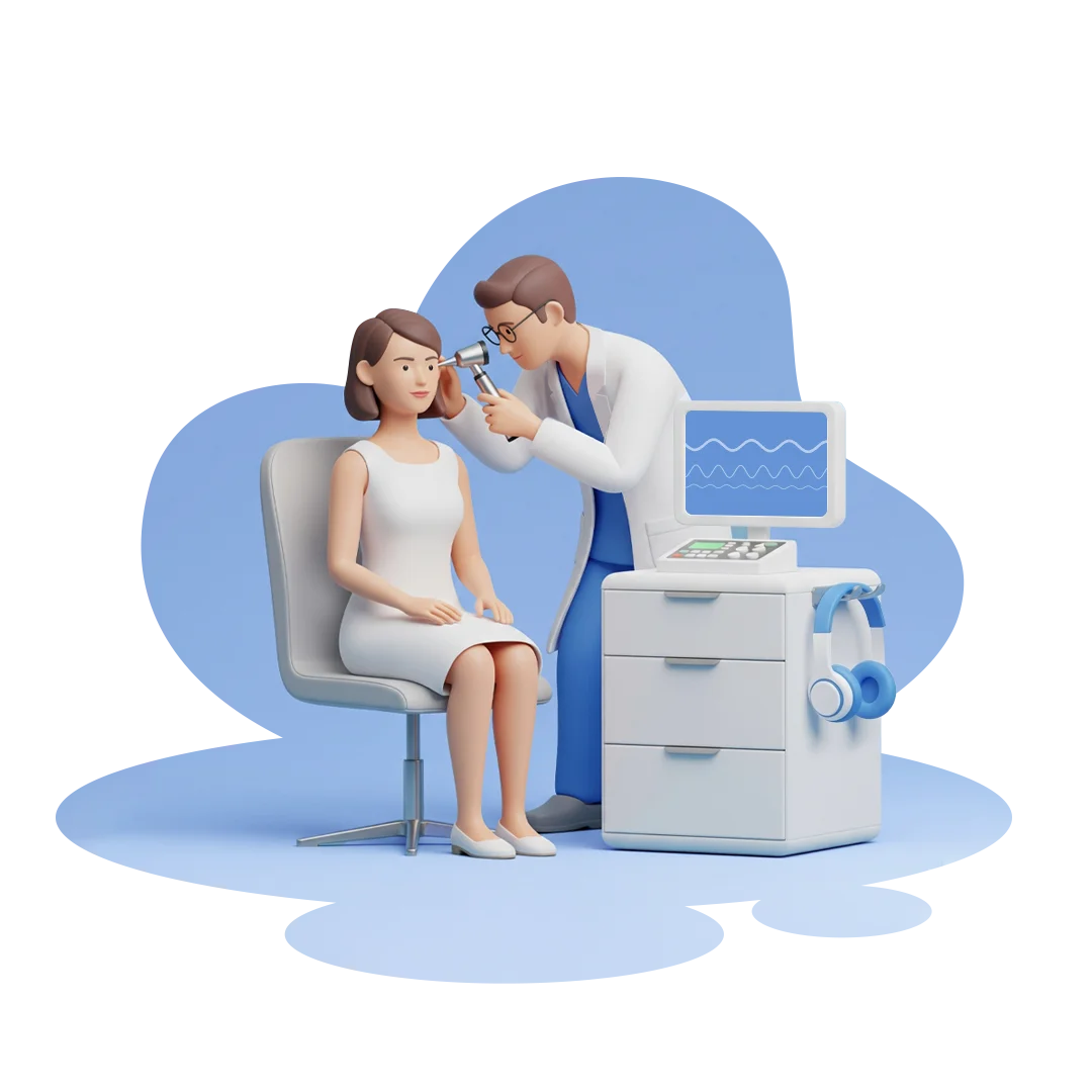Illustration of audiologist examining patient's ear with a device in a clinic setting