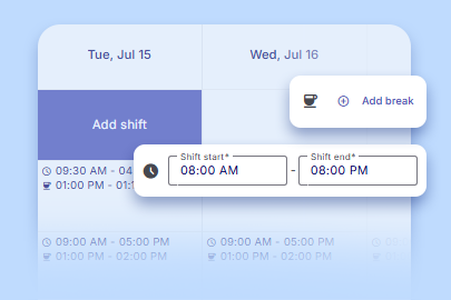 Screenshot of CaseRM shift management UI with break and time selection