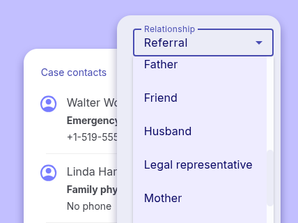 Screenshot showing relationship selector and list of case contacts