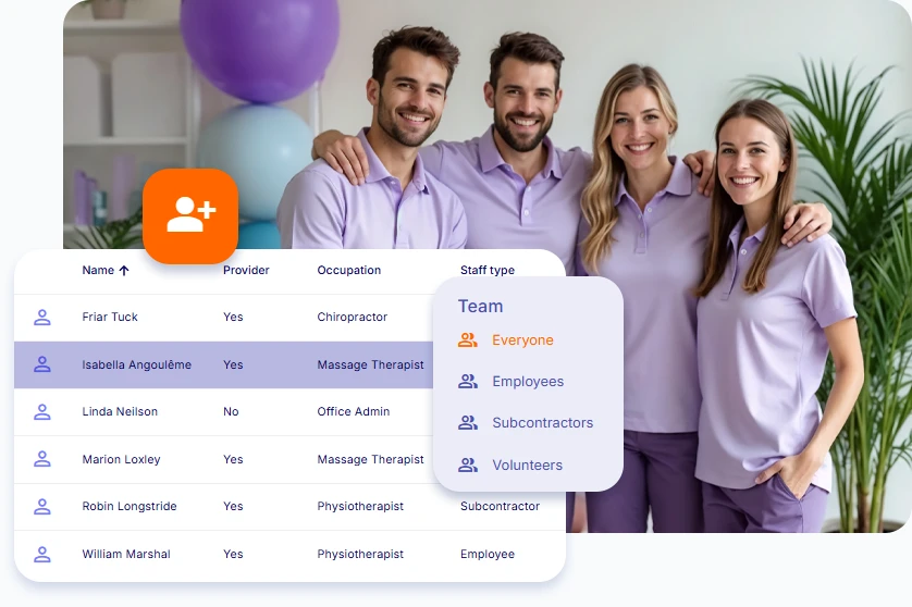 Group of smiling physiotherapy team members standing together in a clinic