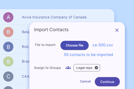 CaseRM global address book showing Import Contacts modal and contact list