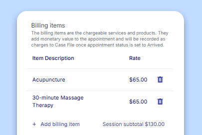 Screenshot showing billing items listed in a multi-service session form in CaseRM