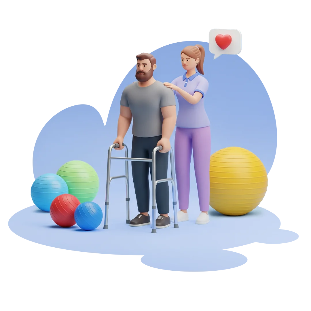 Illustration of occupational therapist helping a man with a walker in an exercise room