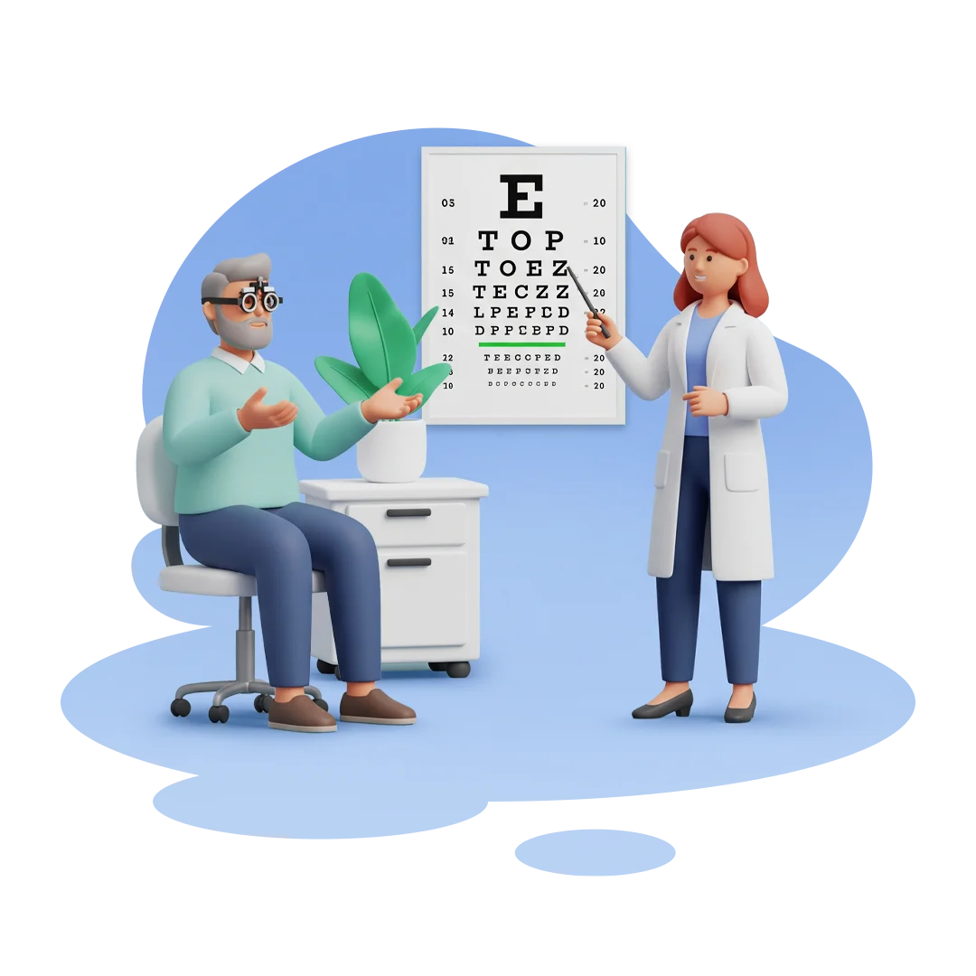 Optometrist examining a patient in clinic setting — hero illustration for vision care software