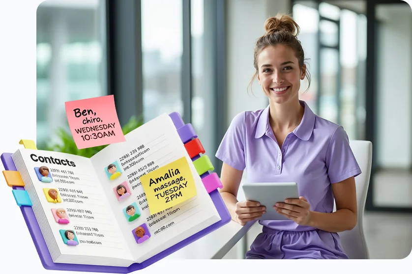 Smiling physiotherapist holding a tablet with a 3D address book pop-up, representing comprehensive contact management