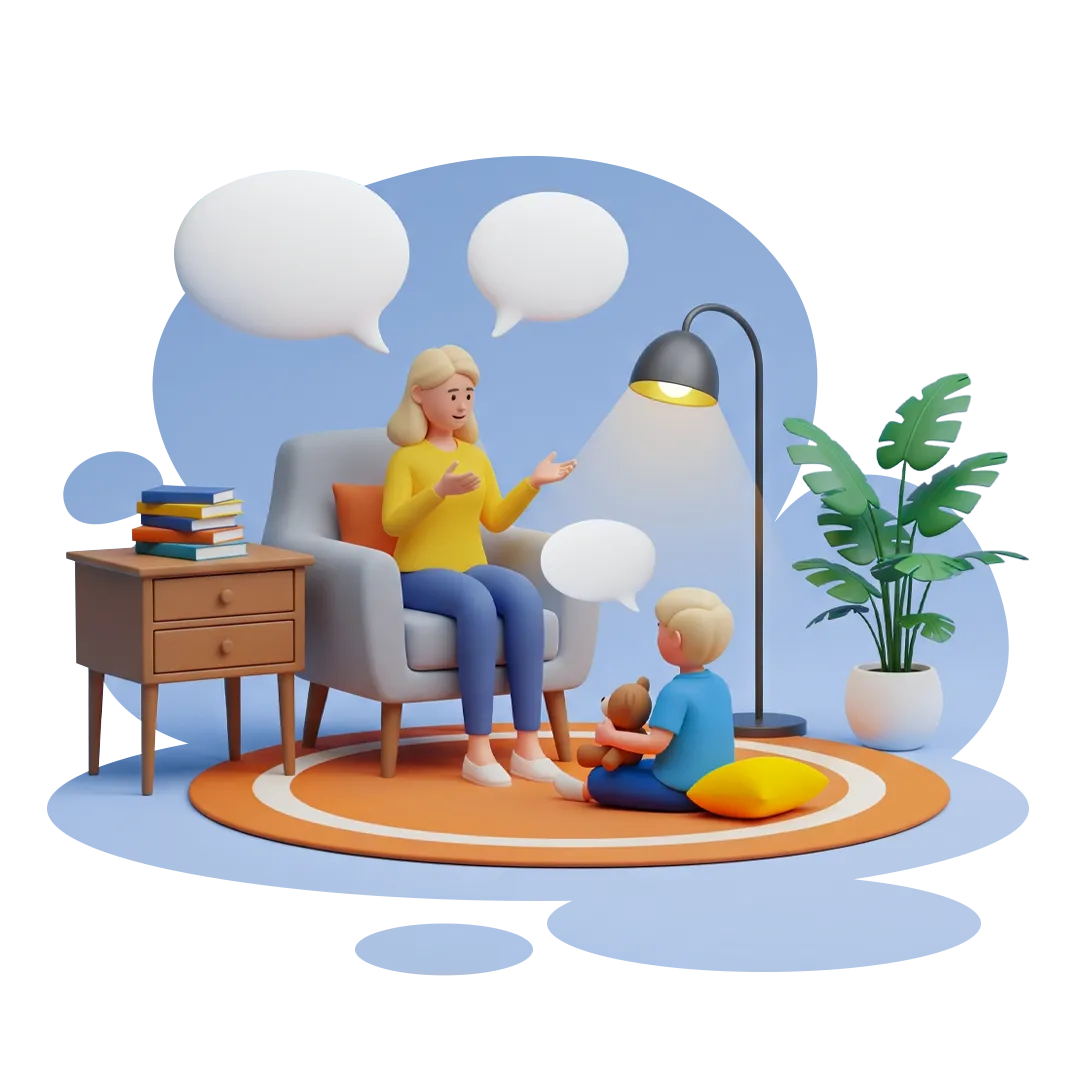 Illustration of a speech therapist working with a child during a floor session in a speech-language pathology clinic