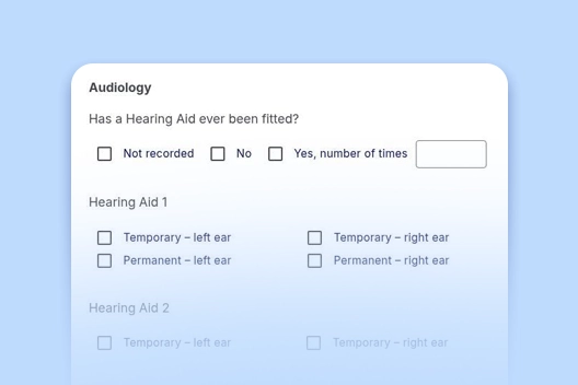Screenshot of an electronic audiology chart note template in CaseRM practice management software