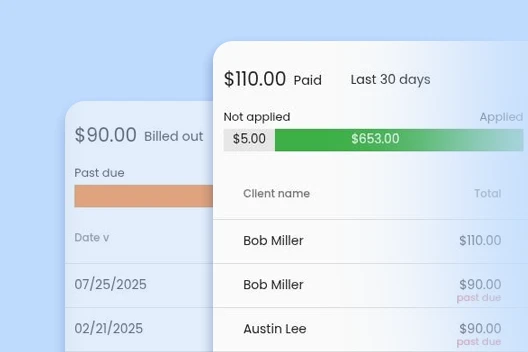 Screenshot of sales transactions dashboard in CaseRM accounting module showing a list of invoices and reconciled payments