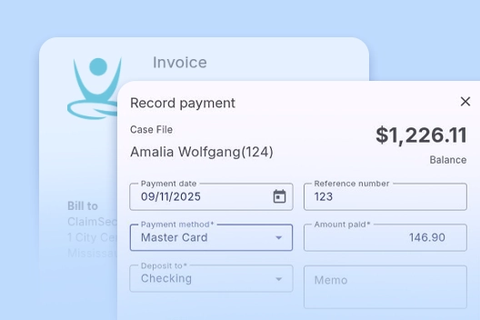 Record payment form displayed over an invoice in read-only mode within the Billing and Invoicing feature