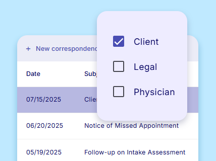 Screenshot of CaseRM’s correspondence management with tagging options and correspondence records list