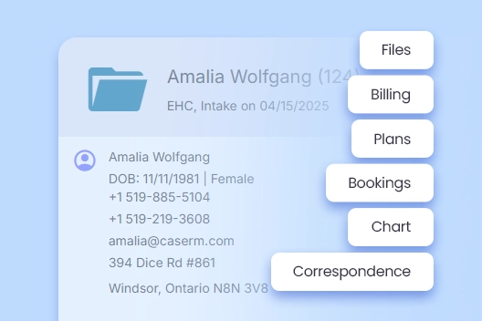 Screenshot of CaseRM Patient Case File with tabs for files, billing plans, bookings, chart, and correspondence