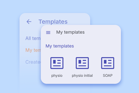 Illustration showing three chart note template thumbnails with background tabs for filtering templates