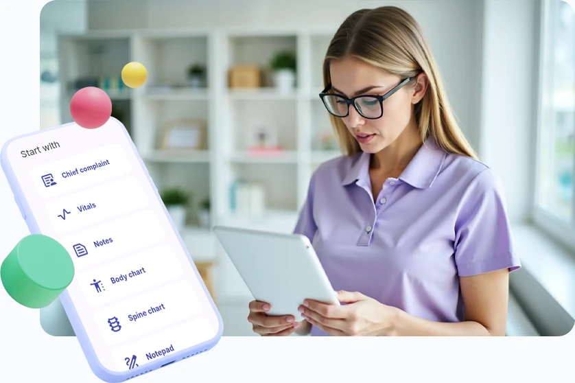 Woman physiotherapist in clinic reviewing patient chart notes on a tablet, with a smartphone screen showing 10 integrated charting tools with icons and names