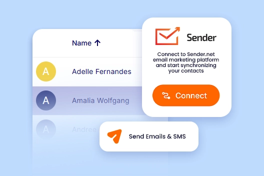 Screenshot showing integration of Sender.net email and SMS marketing system with contact list