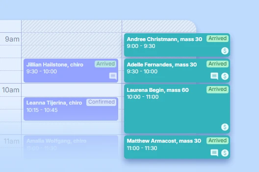 Screenshot of modern appointment scheduling system showing a color-coded calendar with appointment blocks