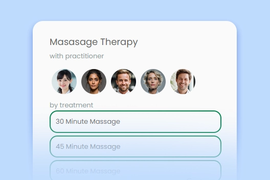 Screenshot of an online booking page showing massage therapists with avatars and massage therapy options.