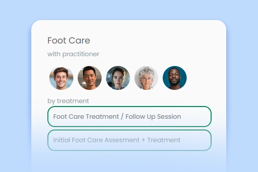Screenshot of podiatry online booking page with podiatrists’ profile photos and available foot care session options.