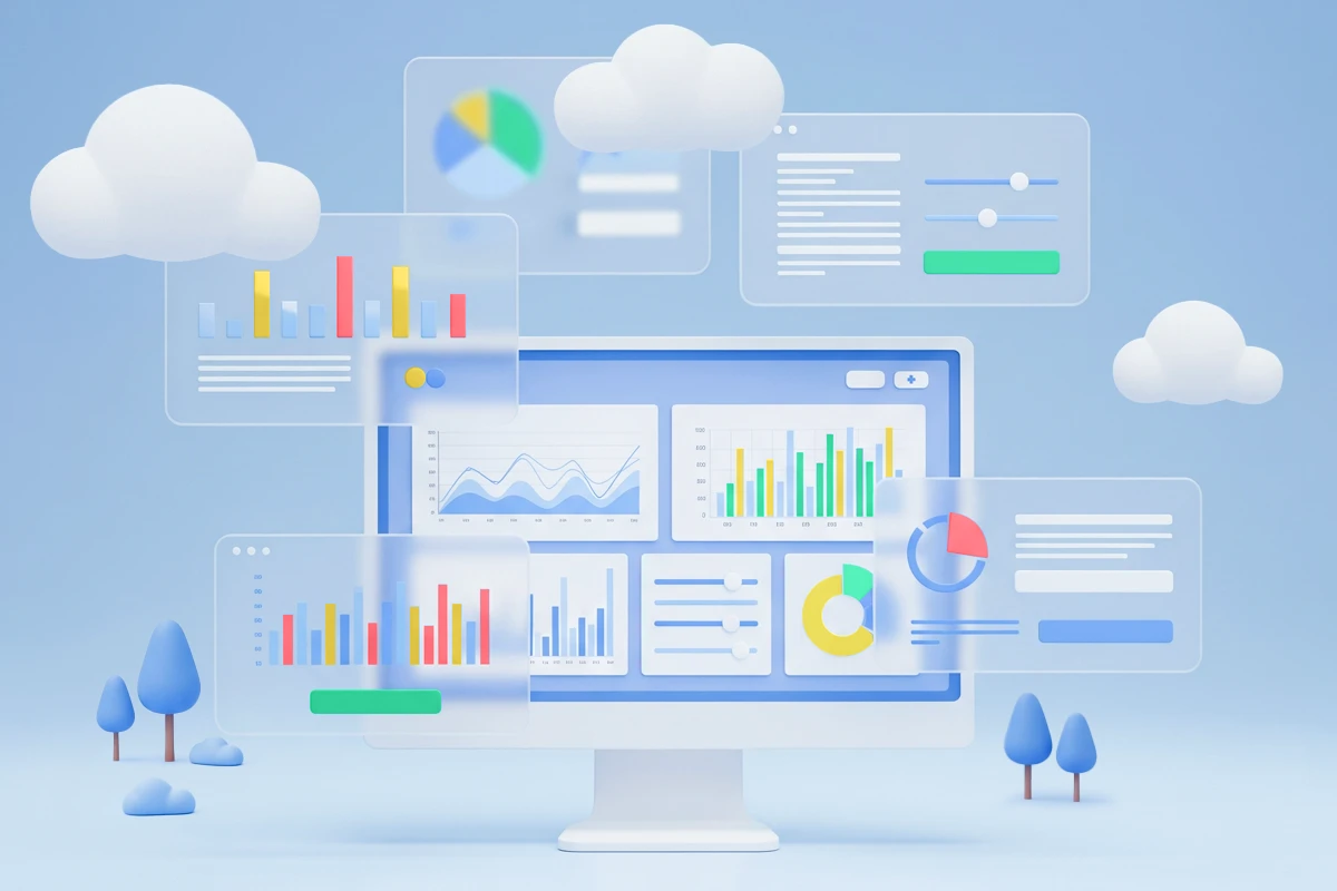 Illustration of a computer monitor displaying a practice management dashboard with semi-transparent dashboards floating around it