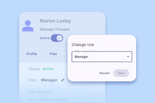 Screenshot showing a team member profile with a floating change role modal in the Team and Access feature.