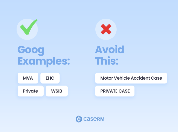 Examples of good and bad capitalization styles for naming case types, showing correct examples with green check marks and incorrect ones with red Xs.