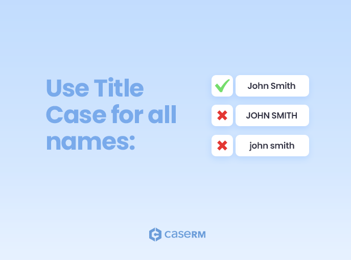 Examples showing correct and incorrect name capitalization in client and contact details, with green checkmarks for proper title case and red Xs for incorrect formats.