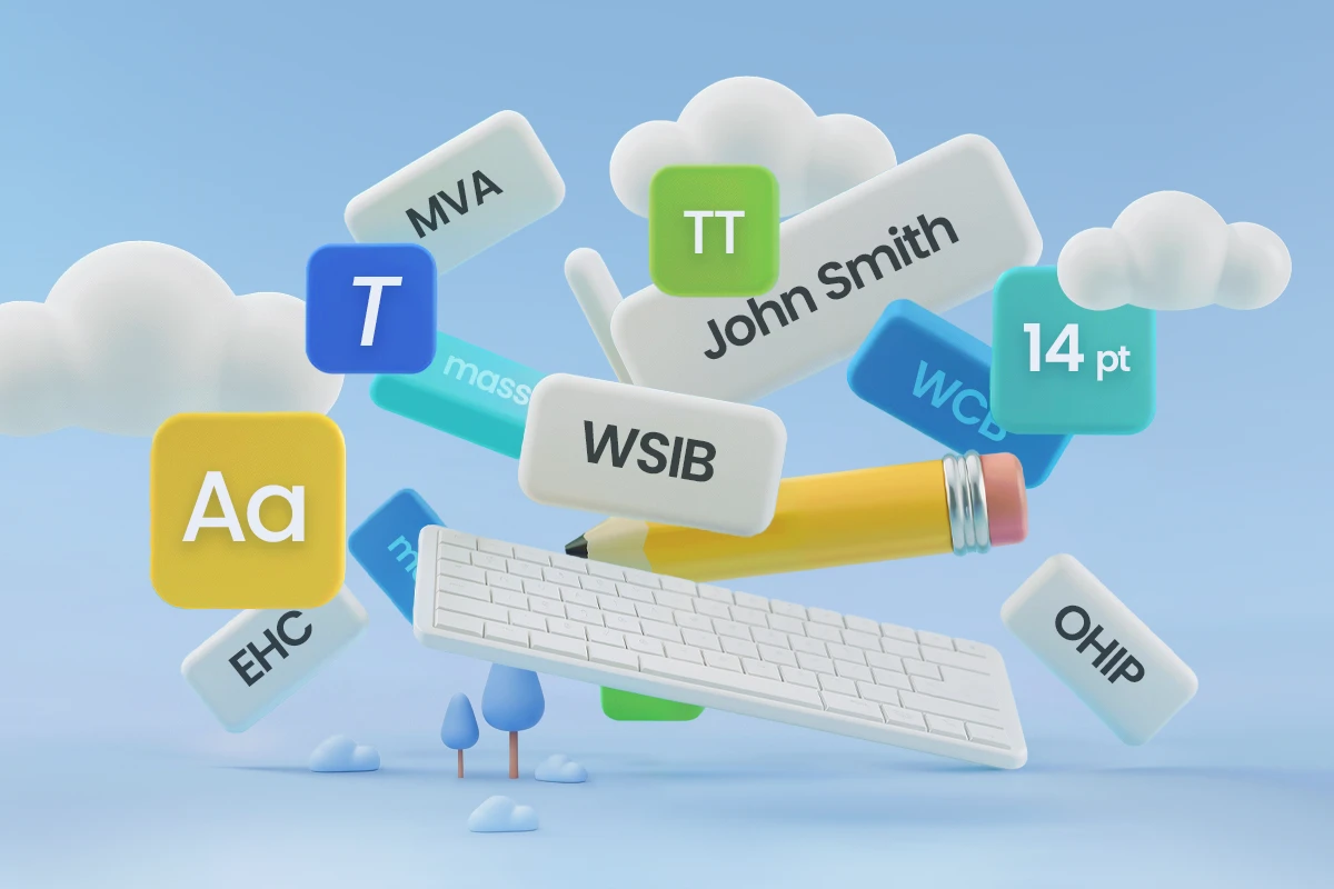 Abstract illustration showing organized and disorganized case types, client names, and billing item names surrounded by text formatting tools, keyboard, and clouds — representing naming conventions that keep practice management systems clean and consistent.