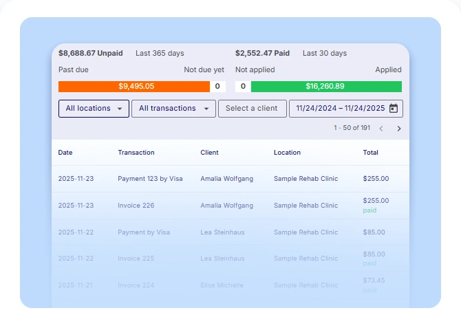 CaseRM accounting module showing invoice and payment records