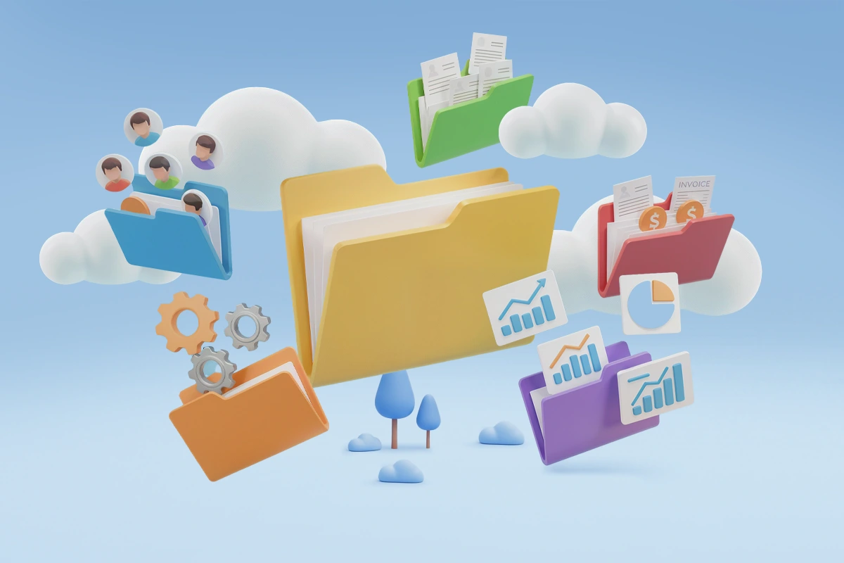 Large yellow case file folder surrounded by smaller colorful folders with charts, gauges, and profile images, representing connected case management data.