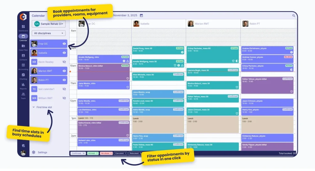 CaseRM calendar module screenshot with labeled tooltips highlighting appointment booking, arrival status updates, and billing actions directly from the calendar.