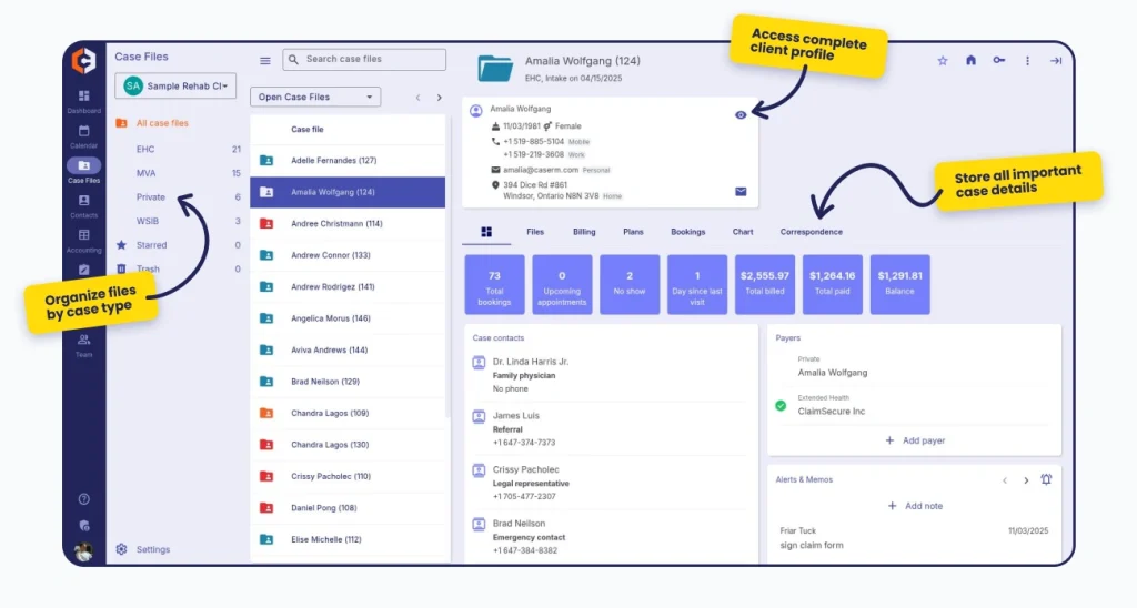 Screenshot of CaseRM Case Files module with labeled tooltips showing case organization, client access, and case-specific details for efficient practice management.