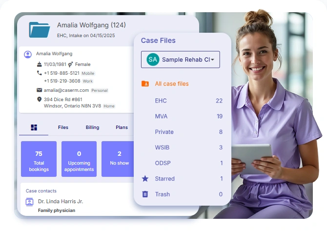 Screenshot of CaseRM case file module with side panel overlay, shown over a smiling female physiotherapist holding a tablet.