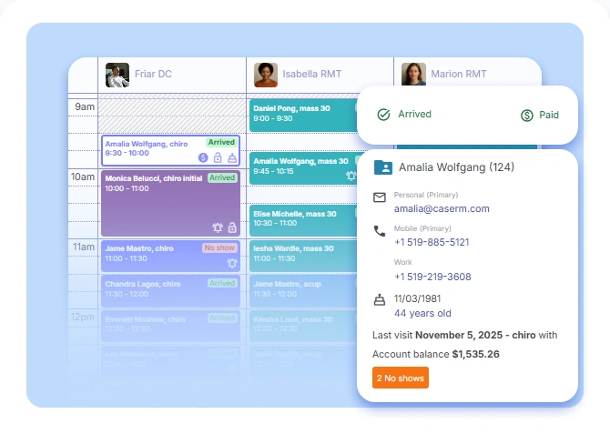 CaseRM scheduler with three-column calendar and appointment details panel