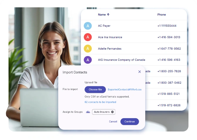 Screenshot of CaseRM&#039;s Contacts module with Import Contacts window open and a smiling woman in the background