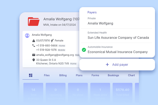 CaseRM cloud-based practice management software displaying an open case file with the main dashboard and a list of overlapping payers.