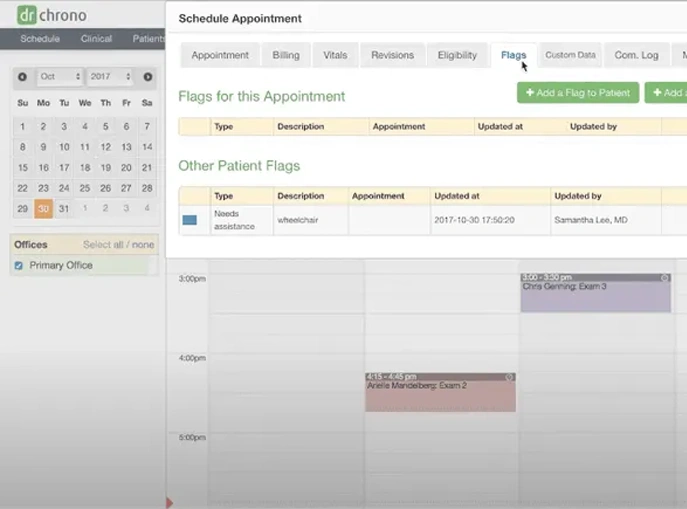 DrChrono cloud-based EHR and medical billing software calendar displaying several patient appointments throughout the day