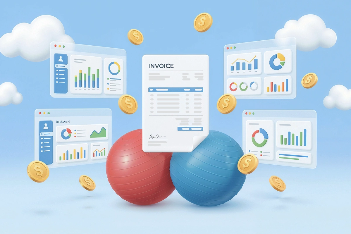 Blue and red exercise balls with floating money coins, invoices, and analytics dashboards in clouds – representing success with the best chiropractic practice management software and integrated billing for 2026.