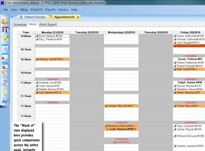 Weekly calendar view in Elipse practice management software with multiple client appointments scheduled