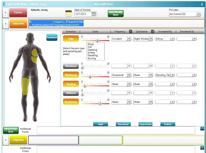 PayDC chiropractic EHR interface displaying a patient body chart with pain levels and functional assessment scales.