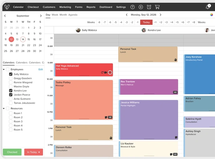 Vagaro Chiropractic Software calendar showing booked appointments across a typical clinic workday