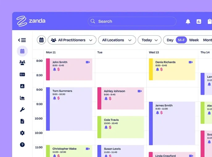 Zanda Practice Management Software calendar displaying multiple booked client appointments