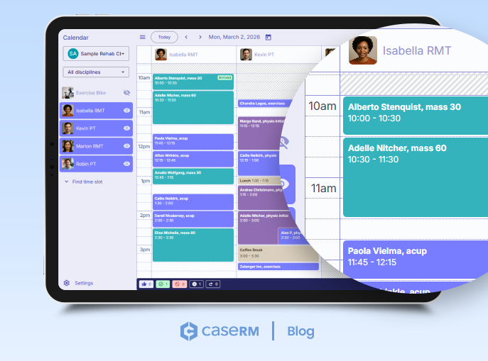 Screenshot of the CaseRM calendar module displaying a daily schedule with columns for each provider and their assigned shifts for the day.