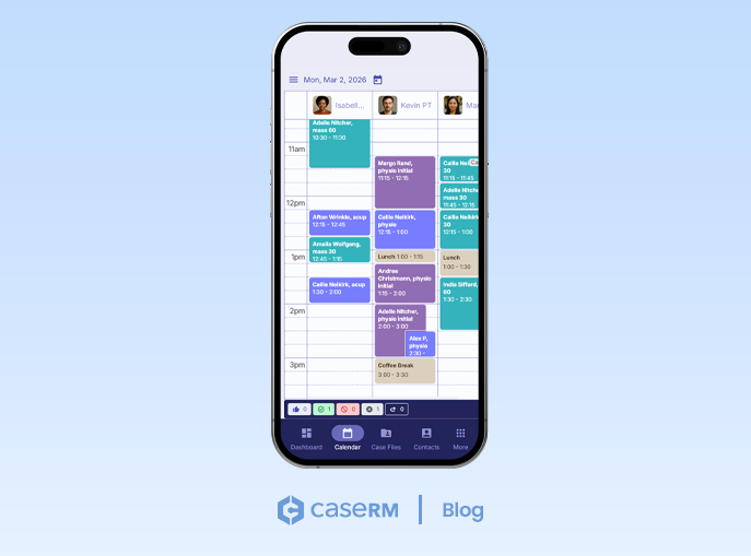 Alt text Screenshot of the CaseRM mobile calendar module displaying a daily schedule with separate columns for each provider’s shift.