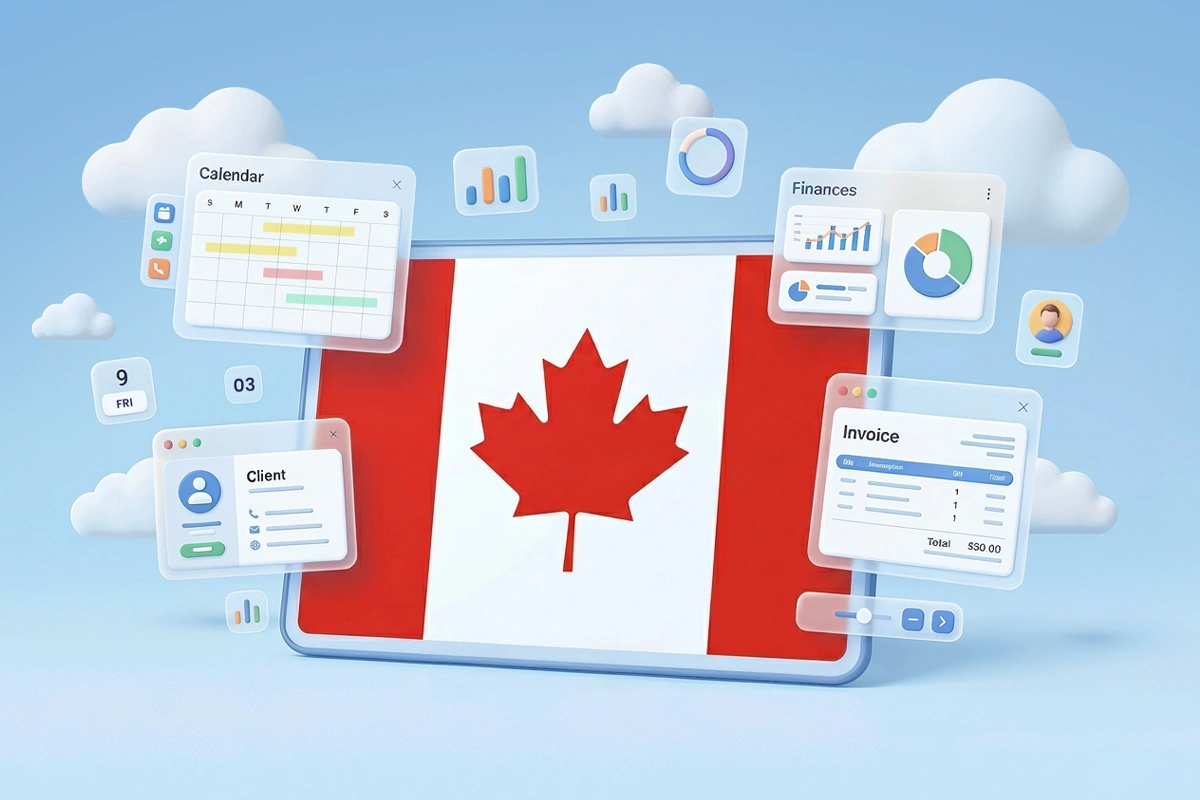 Illustration of a Canadian flag inside a tablet-style frame with floating cards showing a calendar, client profile, financial charts, and invoice, representing practice management software for Canadian clinics