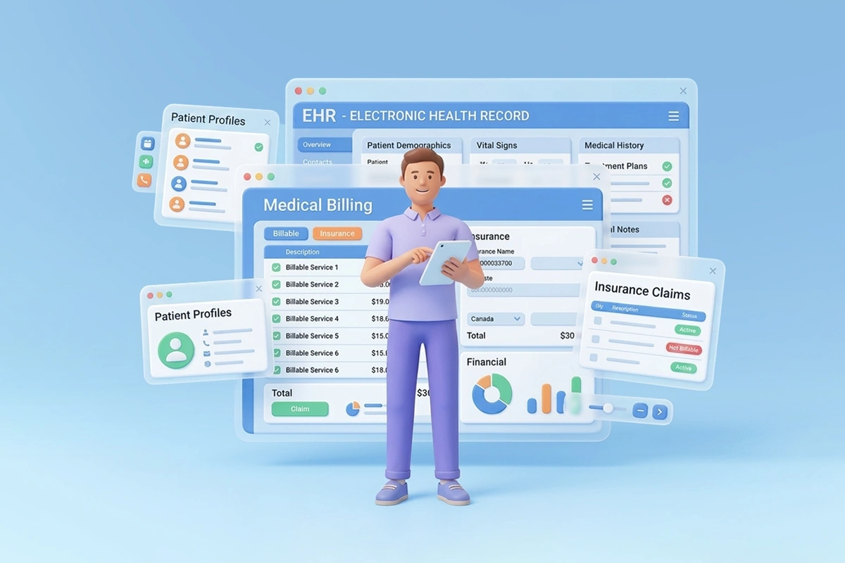 Illustration of SOAP charting in clinical documentation with four key functions: standardized continuity, customizable workflows, compliance support, and efficient data retrieval