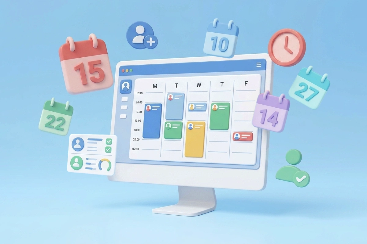 Illustration of a large digital calendar on a monitor surrounded by scheduling icons including calendar dates, client lists, contact creation, and clock reminders in practice management software.