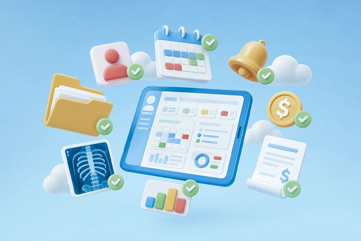 Modern practice management software interface displaying a client profile with appointment scheduling, case files, invoicing, reporting, medical imaging, and patient management tools