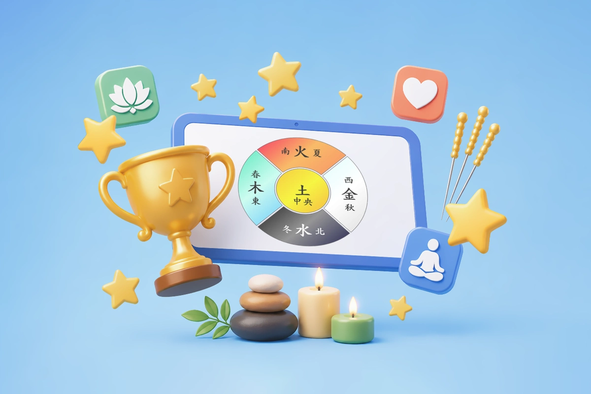 Tablet showing acupuncture and wellness icons with needles, candles, stones, and trophy for acupuncture practice management software comparison