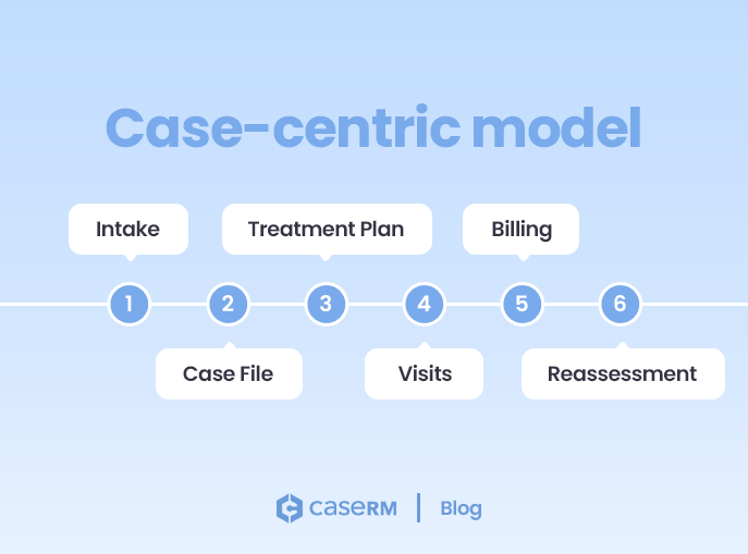 Case-centric practice management model showing intake, case file, treatment plan, visits, billing, and reassessment
